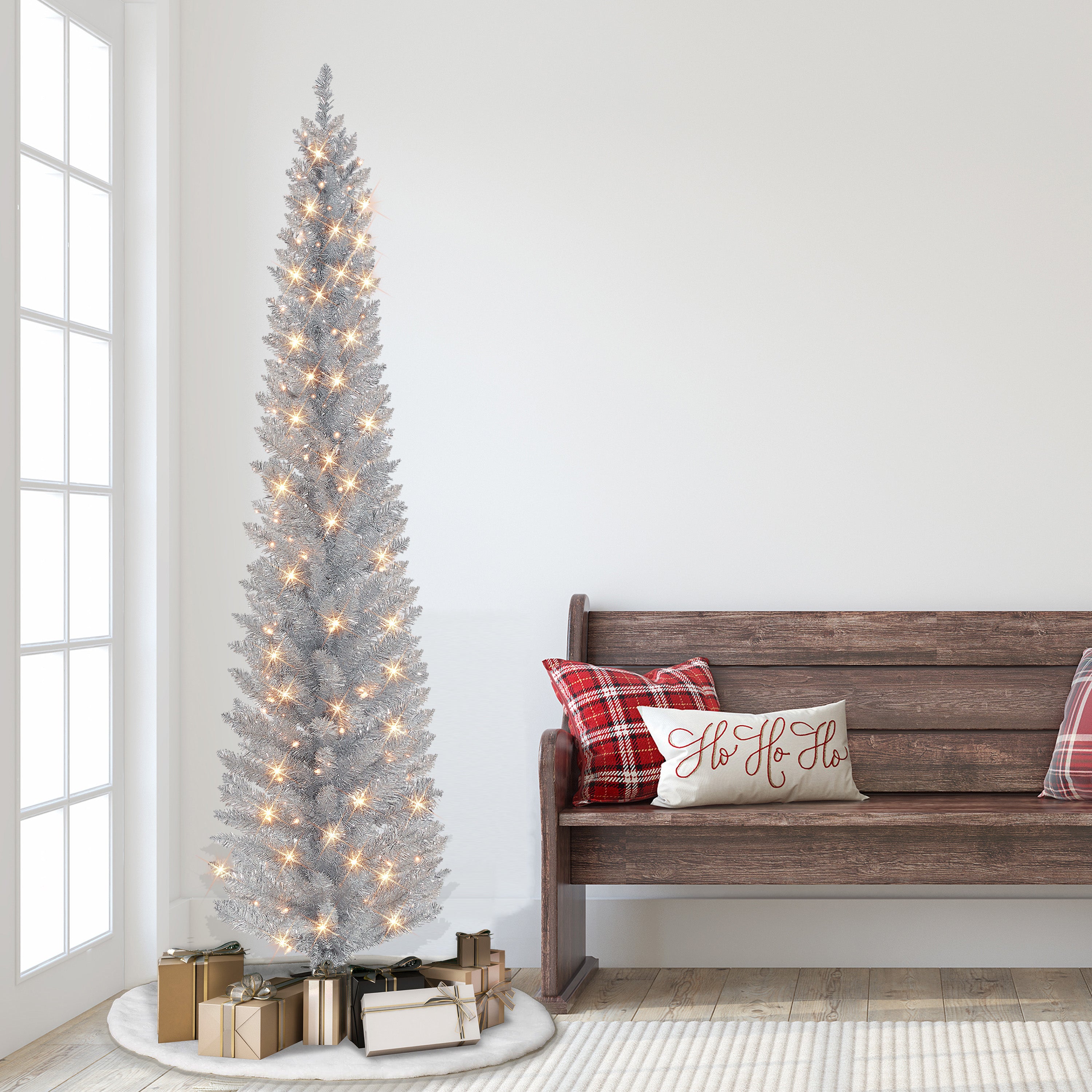 6ft Pre-lit Silver Tinsel Pencil Tree